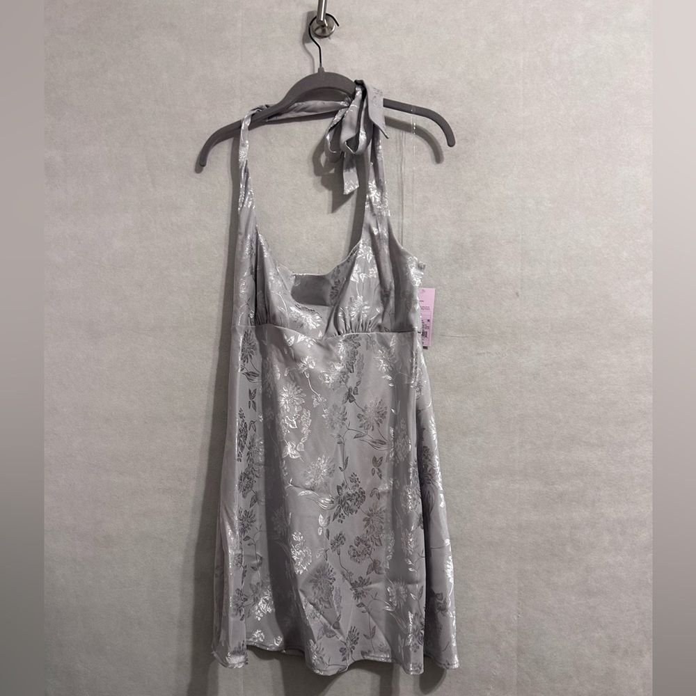 Wild Fable Satin Jacquard Halter Mini Large fairy prom silver cocktail dress NWT - Picture 5 of 8